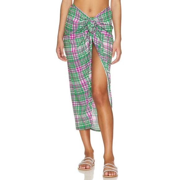 🔴Plush Plaid Sarong‎ Skirt Green and pink size S - Picture 1 of 5